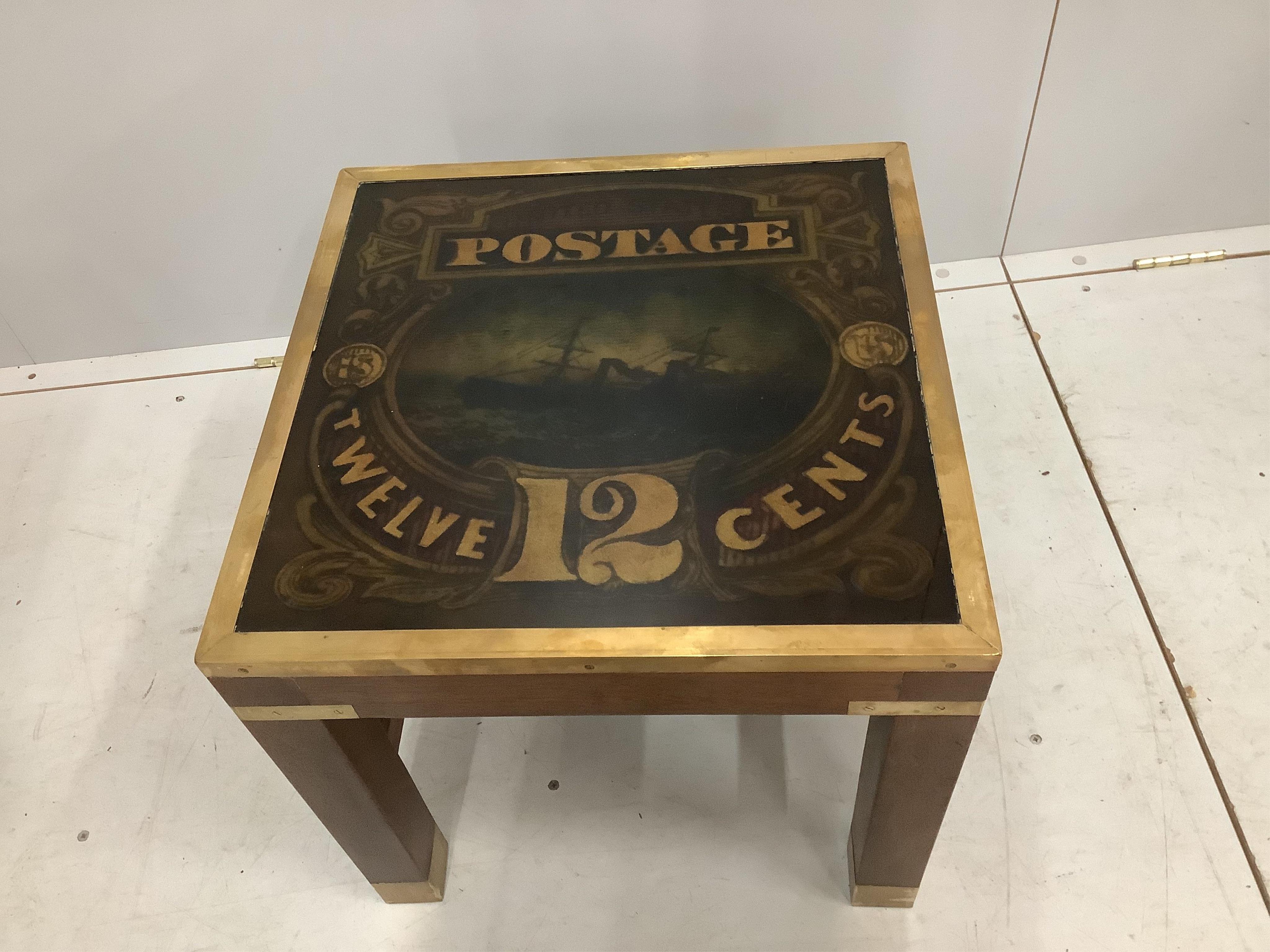 A pair of reproduction military style brass mounted square occasional tables with printed U.S. postage stamp tops, width 45cm, height 43cm. Condition - good